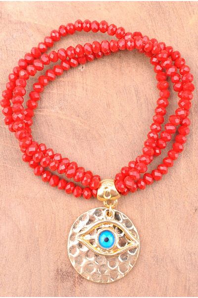 The Bety’s Accesories The Betys -tb25 سوار بثلاثة صفوف من الكريستال الأحمر الداكن والأحجار الذهبية وخرز عين الشر