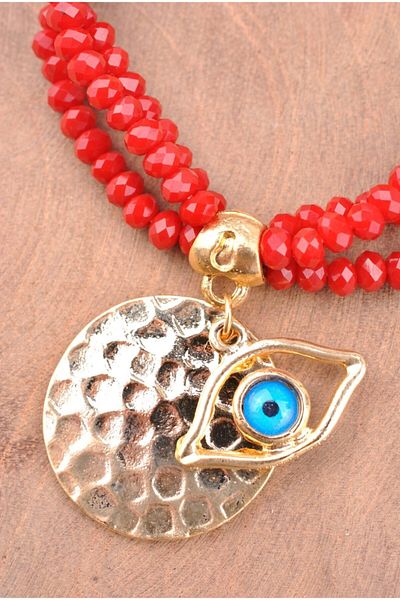 The Bety’s Accesories The Betys -tb25 سوار بثلاثة صفوف من الكريستال الأحمر الداكن والأحجار الذهبية وخرز عين الشر