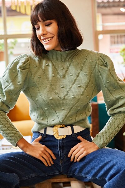 Olalook Kadın Su Yeşili Minik Ponponlu Kol Detaylı Bel Üstü Triko Kazak KZK-19000253