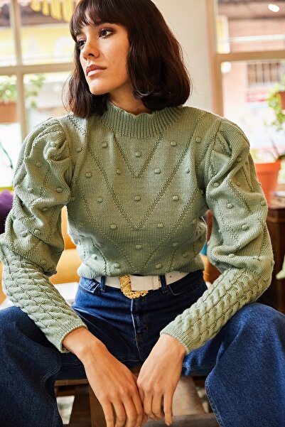 Olalook Kadın Su Yeşili Minik Ponponlu Kol Detaylı Bel Üstü Triko Kazak KZK-19000253