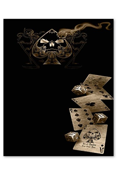 Cakatablo Ahşap Tablo Iskambil Kağıtları Zarlar Maça Kurukafa (25x35 Cm Boyut)