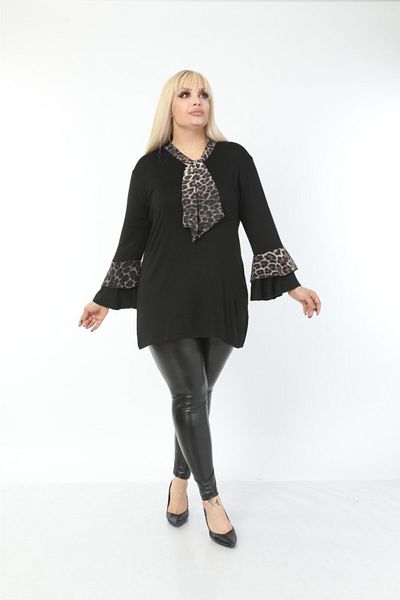HÜLYA BUTİK Black Chiffon Leopard Pattern Detailed Flounce Blouse