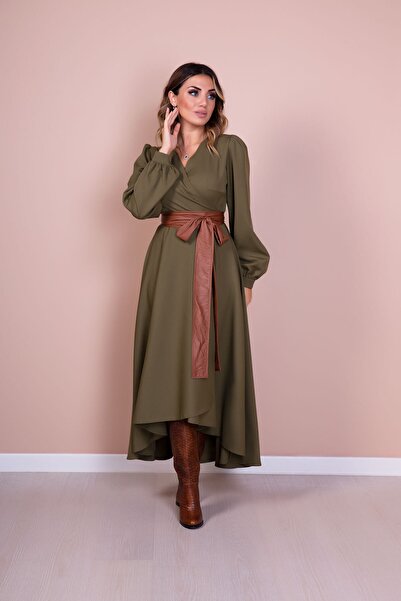 Bidoluelbise Women's Tan Leather Belt Khaki Long Sleeve Asymmetric Cut Dress