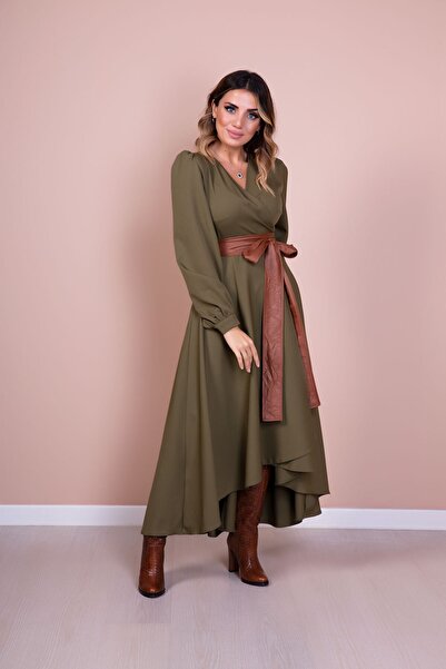 Bidoluelbise Women's Tan Leather Belt Khaki Long Sleeve Asymmetric Cut Dress