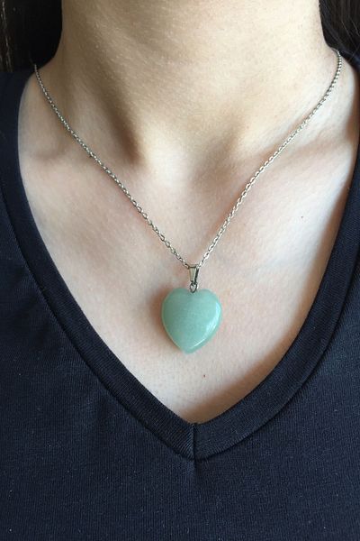 axexuar Aventurine Stone Natural Stone Pendant Heart Shaped 316l Steel Necklace 50cm Zodiac Stone