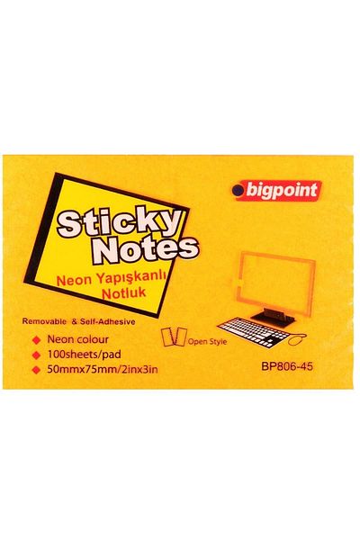 Bigpoint ورق ملاحظات لاصق 75x50 برتقالي نيون 100 yp