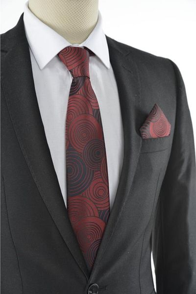 Brianze Geometric Pattern Claret Red Necktie with Handkerchief