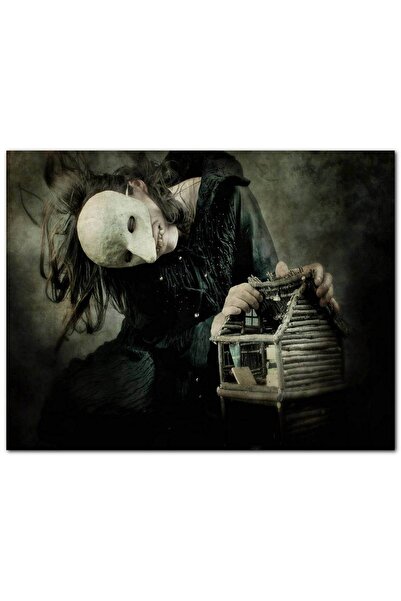 Cakatablo Ahşap Tablo Korkunç Maskeli Yaratık Ve Mini Ağaç Kulübesi (25x35 Cm Boyut)