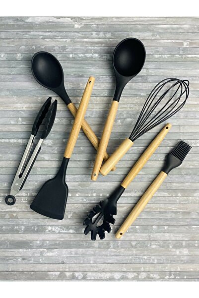GalleonHome 7 Piece Bamboo Handle Silicone Ladle Spatula Kitchen Set