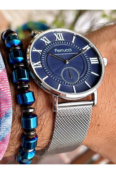 Ferrucci Silver Color Navy Blue Dial Straw Men's Wristwatch Hematite Natural Stone Bracelet