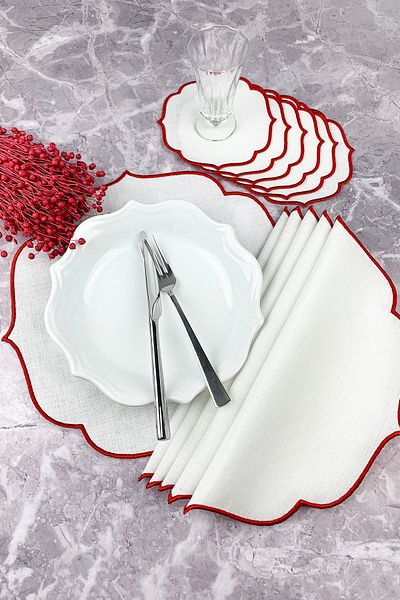 WEARE2 Red Color Embroidered 12 Piece Set Placemat And Cocktail Napkin