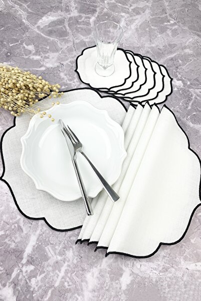 WEARE2 طقم مفرش أطباق مطرز باللون الأسود ومنديل كوكتيل مكون من 12 قطعة