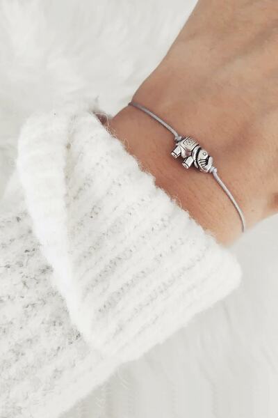 alberaccessories Gümüş Kaplama Gri Örgü Ip Tasarım Fil Bereket Şans Bilekliği