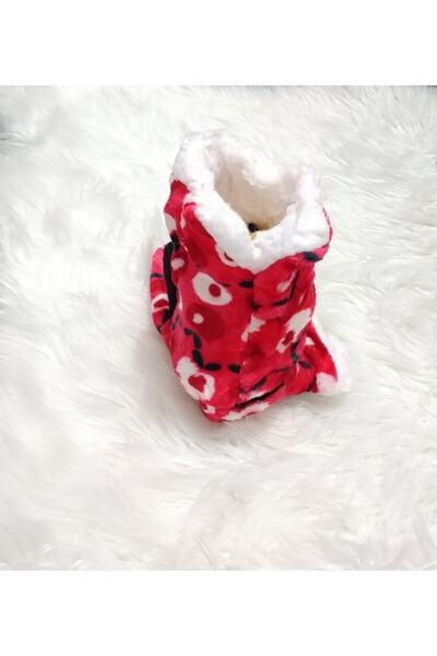 KorseShop Kışlık Kırmızı Ipeksi Bayan Kalın Peluş Panduf Botu Patik Ev Ayakkabısı Botu Yumuşak Taban