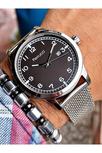 Ferrucci Silver Color Black Dial Classic Men's Wristwatch Hematite Natural Stone Bracelet