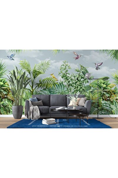 Duvar Kağıdı Marketi 3d Kuş Ve Yeşil Yapraklı Bitki Desenli Tropikal Duvar Ka...