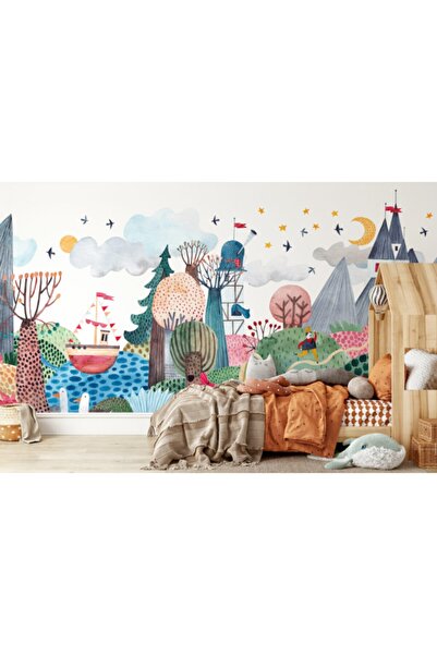 Duvar Kağıdı Marketi 3d Çocuk Odasına Şato Görünümlü Renkli Duvar Kağıdı