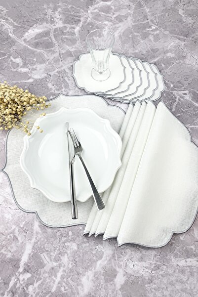 WEARE2 Silver Gray Color Embroidered 12 Piece Set Placemat And Cocktail Napkin