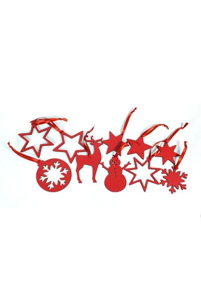 N1K Home Red Wooden New Year Christmas Christmas Tree Ornament Set of 10