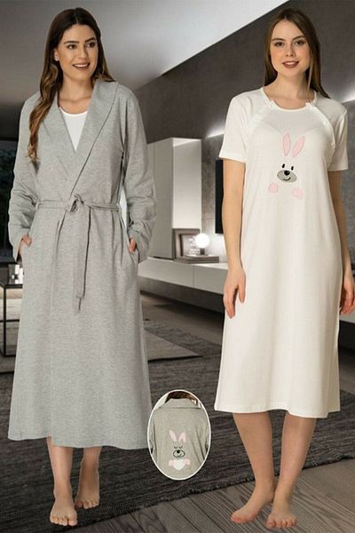 Effortt Pink Maternity Set with Rabbit Patterned Dressing Gown and Nightgown