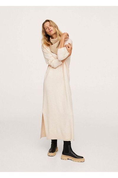 MANGO Woman Women's Ecru Slit Knitted Dress