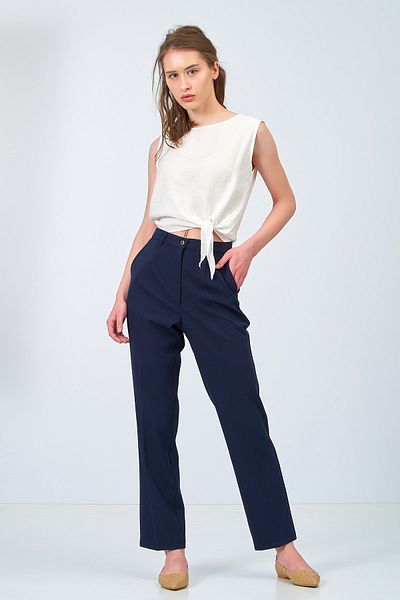 Moda Tuğram Navy Blue Classic High Waist Fabric Trousers