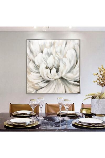 Markazip Gümüş Metal Çerçeveli Beyaz Çiçek Kanvas Tablo 90x90cm Kod: Sp2007-k-g
