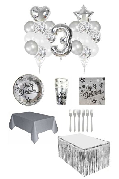 Dipak Silver Color 3 Year Old Birthday Set for 16 People