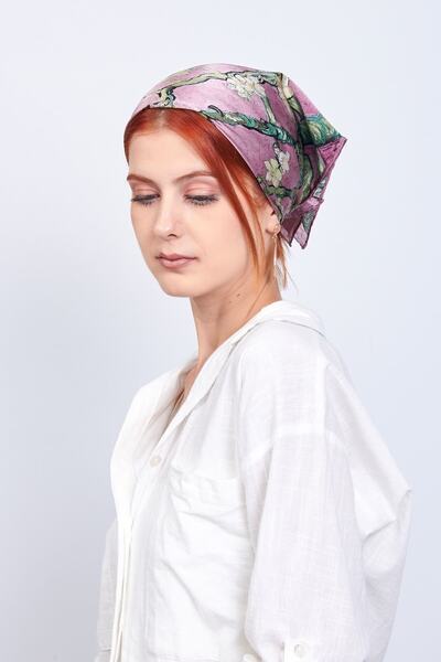 Nomads Felt 100% Silk Scarf Bandana |   55X55Cm |   Dusty Rose Van Gogh Almond Tree |   Nomads Felted