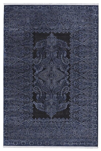 Royal Halı Royal Babil Bx17a Lacivert Siyah Gri Göbek Desenli Modern Salon Halısı Ipek Halı