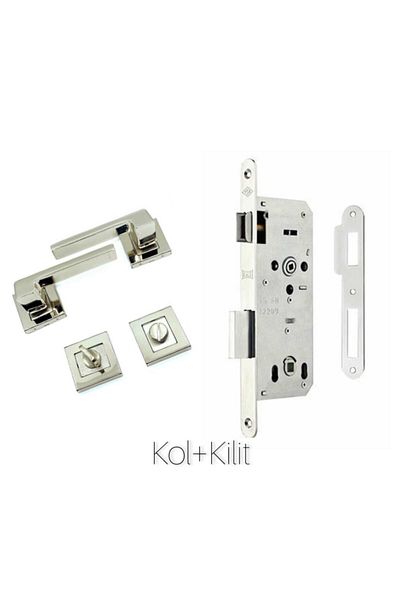 ARON Luxury Anka Square Rosette Nickel Satin (BANYO-WC TYPE) Door Handle Lock System Set of 2