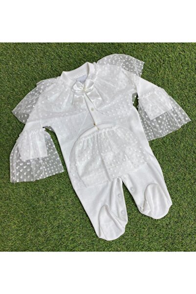 Sönmez Baby Gelinlik Puanlı Dantel Şapka Ve Tulum Kız Bebe Takımı
