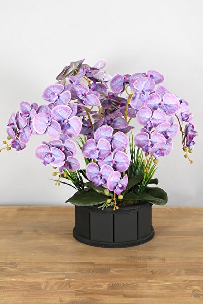 Yapay Çiçek Deposu Dekoratif Ahşap Saksıda 7 Dal Orkide Tanzimi Mor