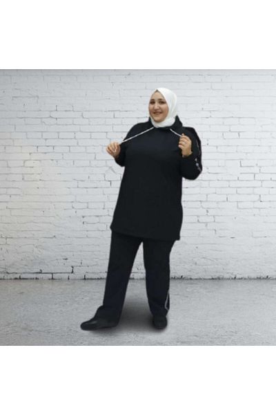 CNG MODA Large Size Black Tracksuit Set with Hijab Sleeve Stripes