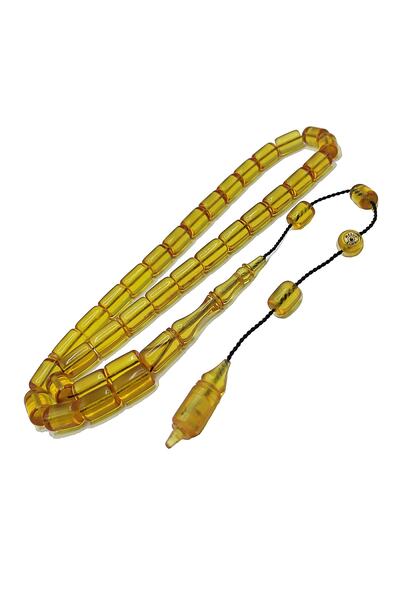 Modalyon Mesut Elma Usta Işçilikli 8*11 Mm Kapsül Kesim Zar Kehribar Tesbih Altın Rengi Sistemli Tespih