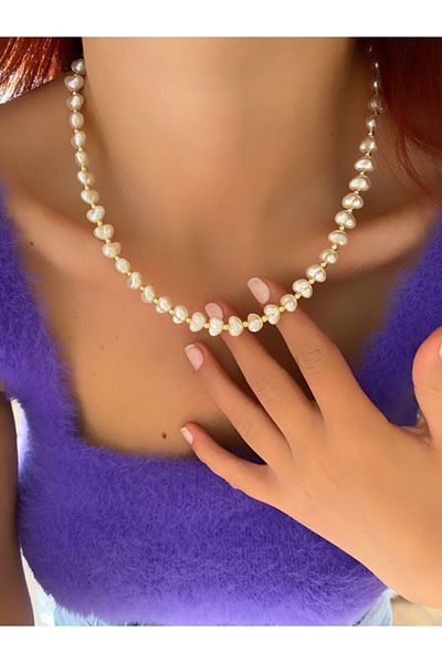 fullcontrol Women's Baroque Pearl Necklace Gold Ball Detailed Pearl Necklace