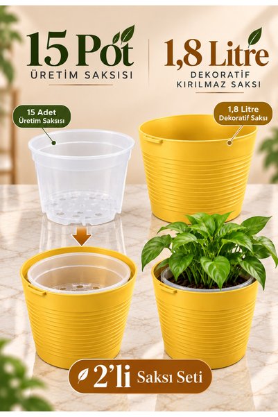plant-home 2’li Saksı Seti – 15 Pot Üretim Saksısı + 1,8 Litre Sarı Dekoratif...
