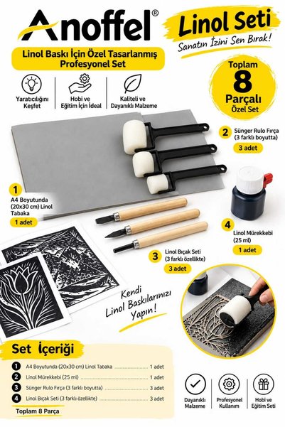 Anoffel Linol Baskı Seti 20x30 2.50 Mm ,Siyah Linol Mürekkebi, 3'lü Sünger Rulo Merdane,3'lü Oyma Bıçağı
