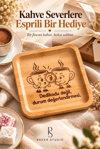 PakerStudio Kahve Temalı Eğlenceli Lazer işlemeli Bambu Kahve Sunumluğu (Kare...