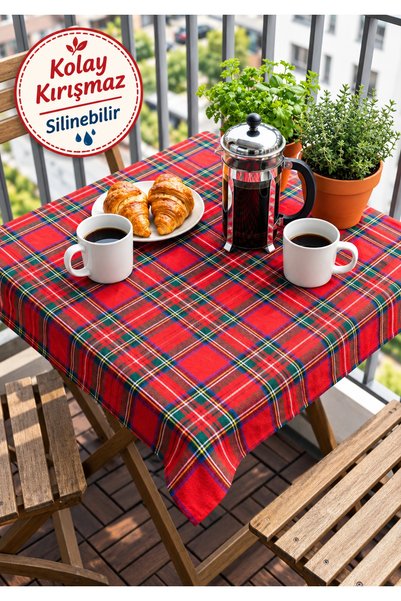MiniStand Kırmızı İskoç Ekose Masa Örtüsü Balkon ve Küçük Masa İçin Dekoratif...