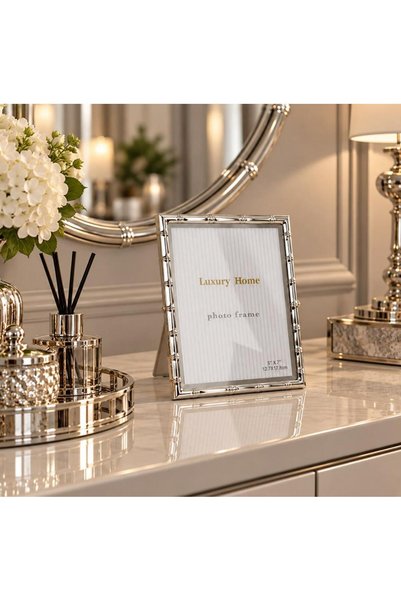 PEKİBU Bamboo Pattern Luxury Metal Frame Silver 13X18 cm