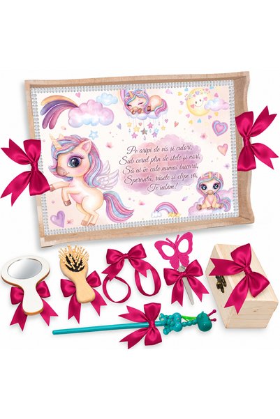 LoreBebe Set Tava Taiere Mot Fete, Tavita Mot, 7 Piese, Model Unicorn, 32x24 cm
