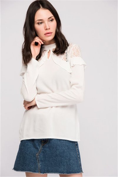 cottonmood 8139329 Şile Fabric Shoulder Ruched Tulle Ruffle Blouse Ecru