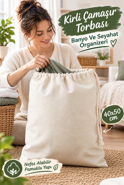 MiniStand Ham Kumaş Kirli Çamaşır Torbası 40x50 cm Orta Boy - Büzgülü Pamuklu...