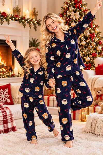 NiCe İç Giyim Anne & Kız Uyumlu Lacivert Kadın & Kız Çocuk Pijama Takım (AYRI...