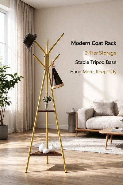 Saharaz Modern 3-Pronged Metal Hanger With 2 Storage Shelves, 50x40x180cm, Co...