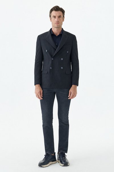 Jakamen Navy Blue Slim Fit High Collar Double Breasted Jacket