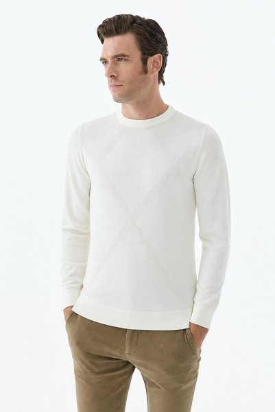 Jakamen White Slim Fit Patterned Crew Neck Knitwear