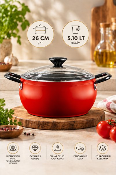 Bonera Pro Plus 26 см дълбок тиган с титаново покритие – червен – подходящ за...