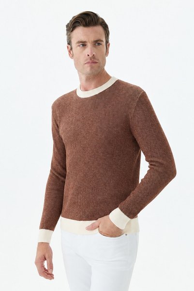 Jakamen Coffee Comfort Fit Patterned Crew Neck Knitwear